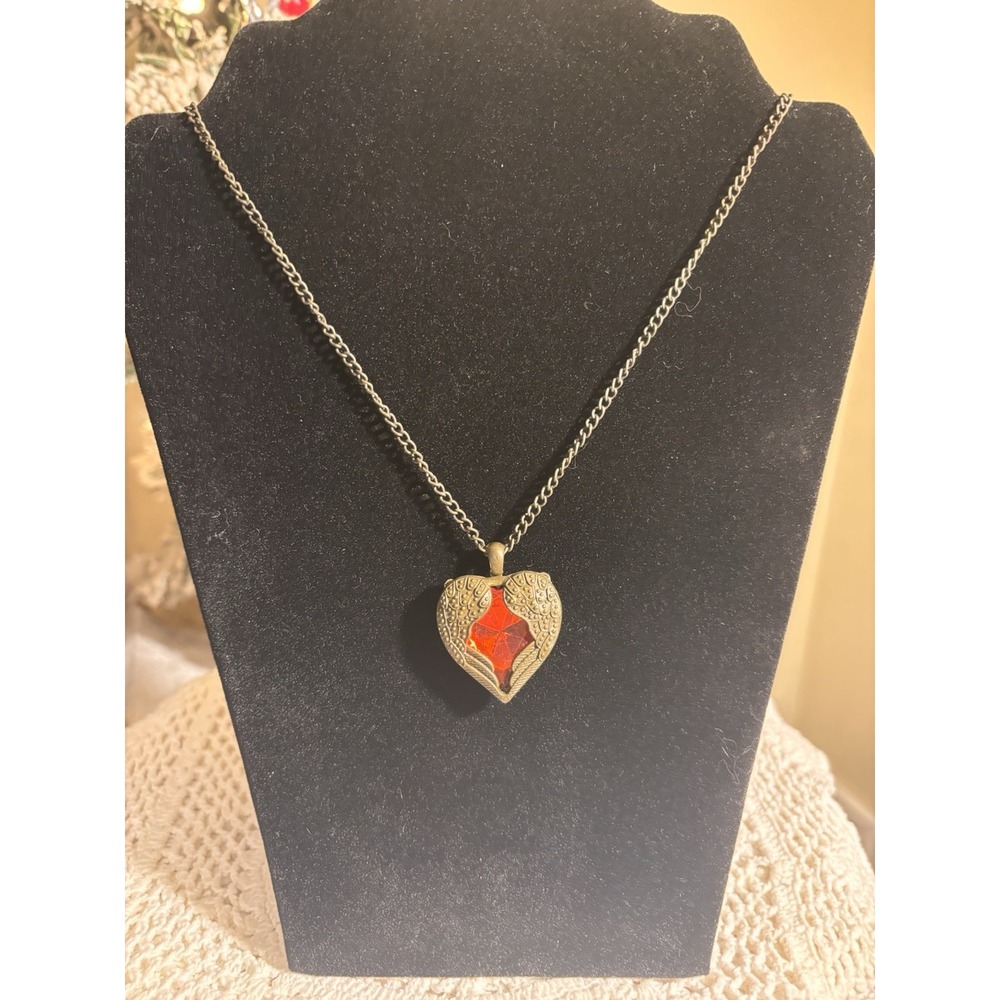 SUMNI RED CRYSTAL HEART ANGEL WINGS BRONZE VINTAGE NECKLACE